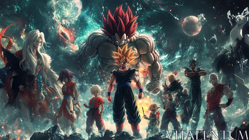 Cosmic warriors assemble beneath shattered nebula skies.