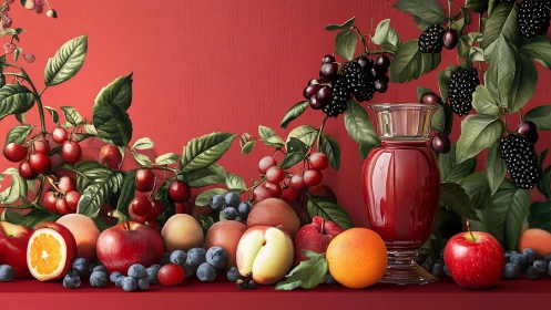 Still life shows mixed fruit and glass of red juice