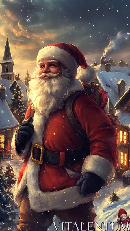 Jolly Santa strolling through a cozy snowy village night.
