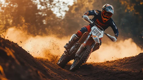 Motocross rider leans into sunlit dirt curve with dynamic dust