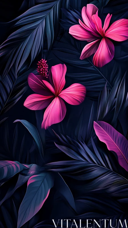 Neon Floral Composition with Magenta Blooms Against Dark Foliage.