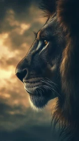 Side profile of lion against diffuse cloudy sunset sky.
