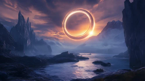 Glowing celestial ring hovers above a misty alien shoreline