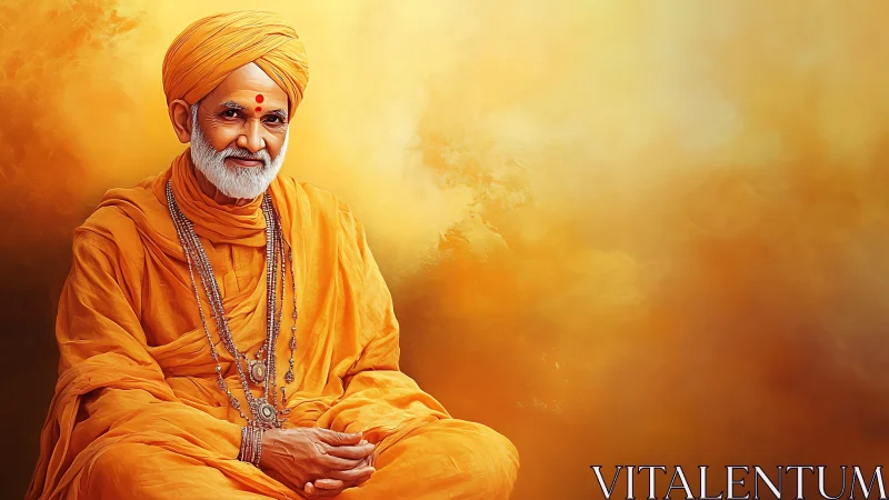 Digital portrait of orange-robed elder monk on diffuse warm backdrop