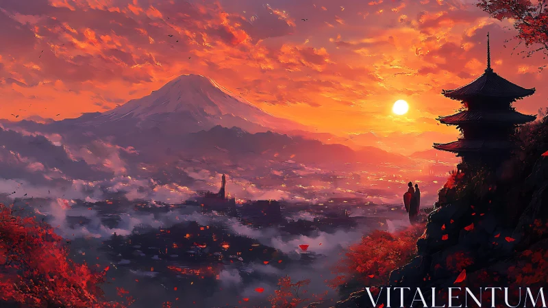 Sunset mountain vista with pagoda and couple in silhouette.