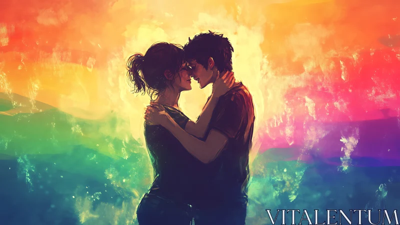 Couple Embracing Against Rainbow Light.