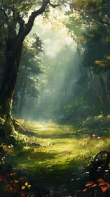 Enchanted Forest Pathway with Dramatic Crepuscular Light.