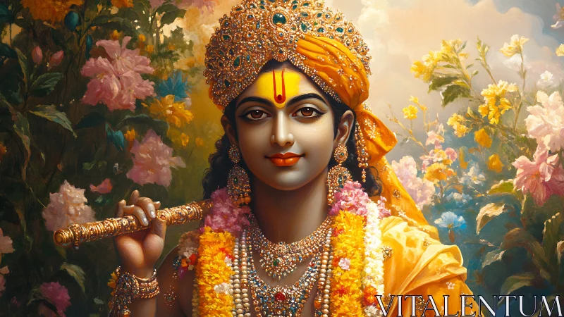 Divine flute player framed by florals in warm tonal harmony.