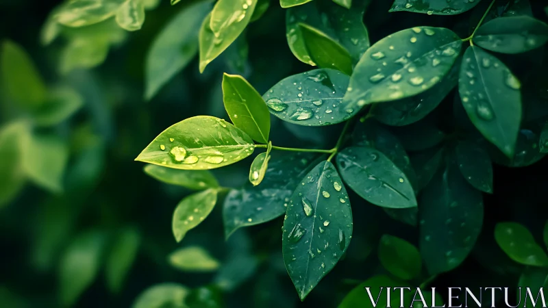 Green leaves with water droplets after fresh rainfall.