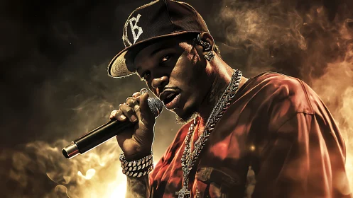 Hip-hop vocalist in golden stage haze, cinematic portrait.