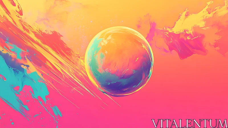 Neon planet orb floats through molten gradient sky