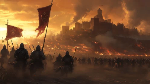 Mounted medieval army charges burning fortress at dusk.