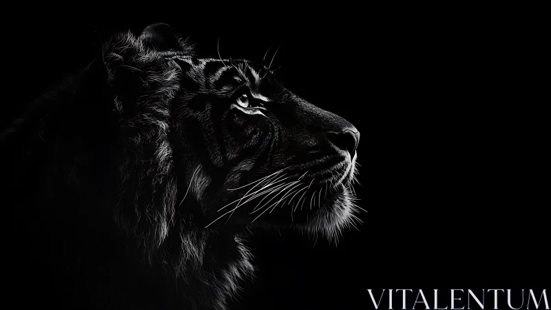 Black tiger profile emerges in high contrast rim lighting.