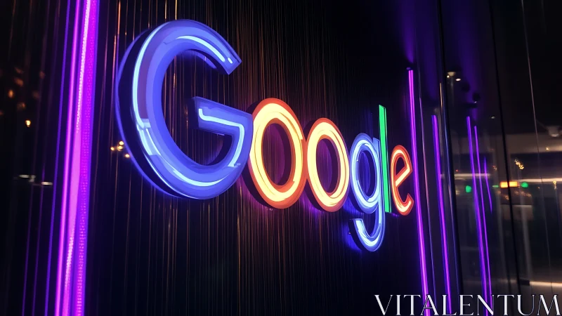 Illuminated Google logo sign is displayed on a dark wall
