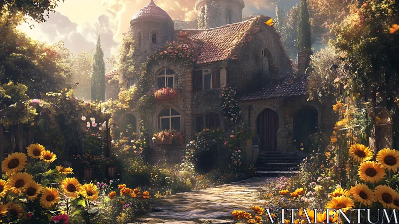 Sunlit stone cottage amid lush sunflower garden tableau.