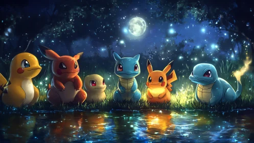 Cute elemental creatures share glowing moonlit riverside