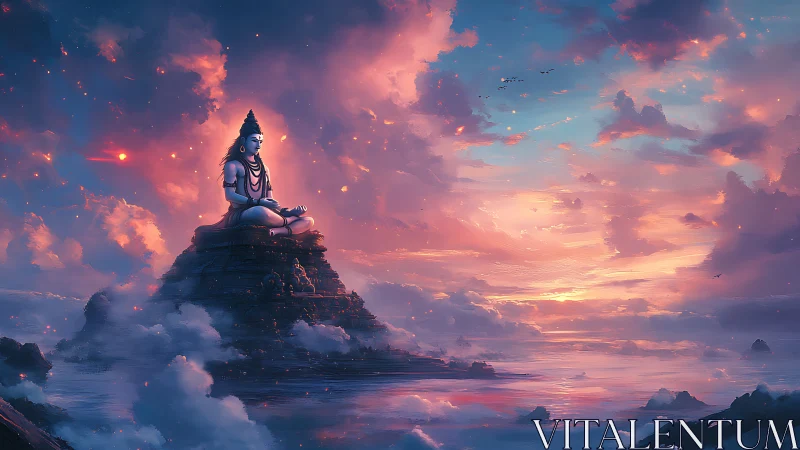 Serene deity on misty ocean peak at radiant sunset sky.