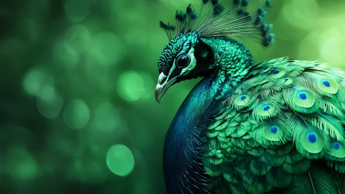 Iridescent peafowl profile with bokeh-isolated plumage study.