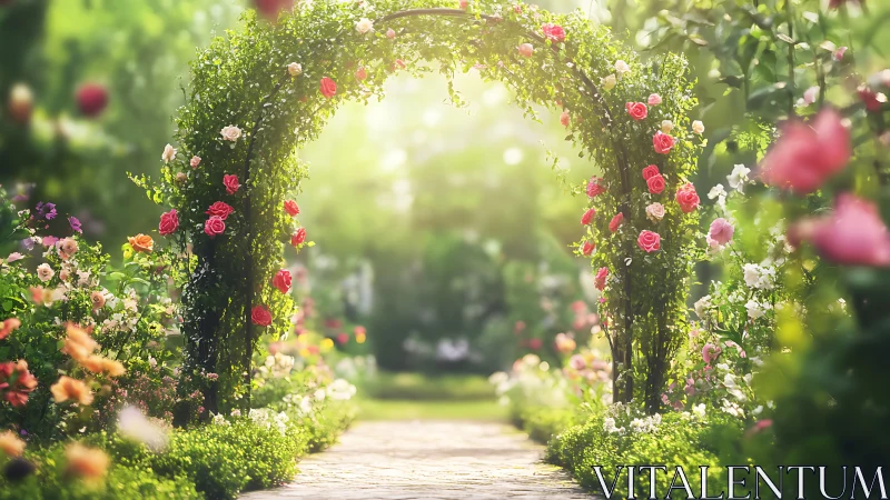 Rose-covered garden arch frames sunlit stone pathway clearly