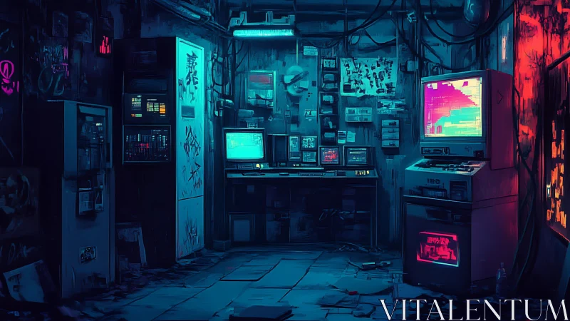 Neon soaked hacker den glows with retro cyberpunk mystery
