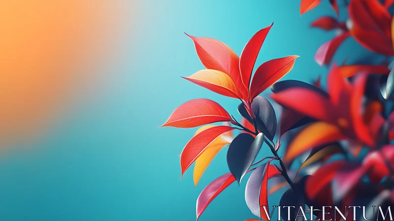 Vibrant red leaves on branch against blue-orange gradient background.