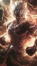 Muscular flame‑wreathed warrior rendered with dynamic rim lighting