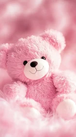 Pink plush teddy bear sits centered in soft focus frame