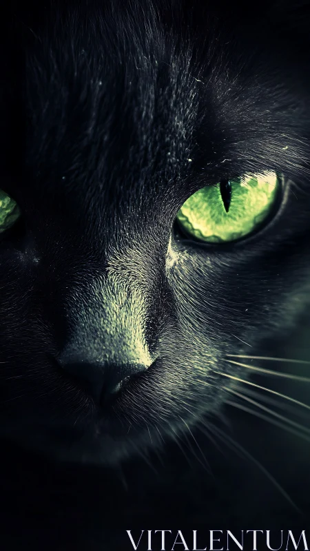 Black Cat's Luminescent Green Eyes Pierce Through Darkness.