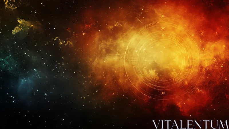 Astrophysical nebula mapped by concentric golden sigil grid.