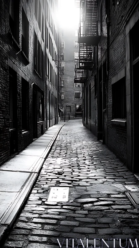 Cobbled city alley quietly glows beneath soft morning light