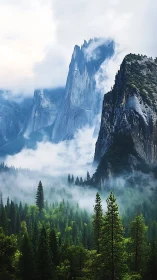 Fog-draped granite cliffs above dense conifer forest valley