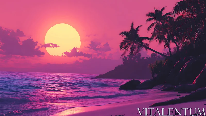Vibrant neon sunset bathes a tranquil tropical shoreline