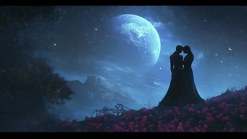 Lovers Beneath Luminous Moon in Twilight Garden.