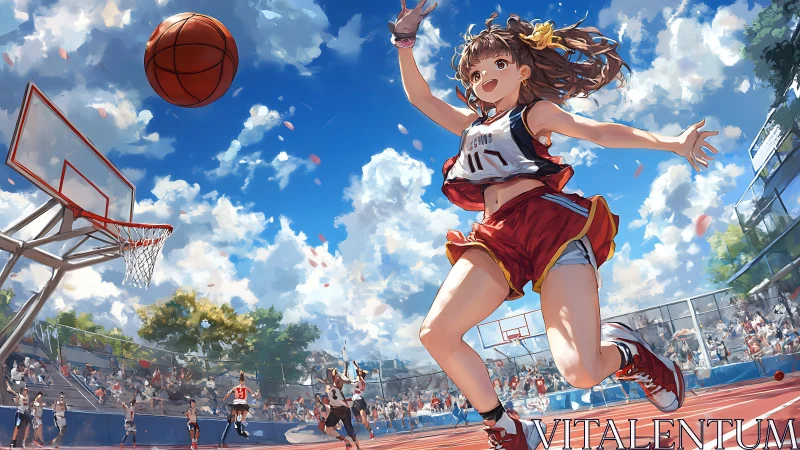 Sunlit streetball leap with anime girl under vivid skies.
