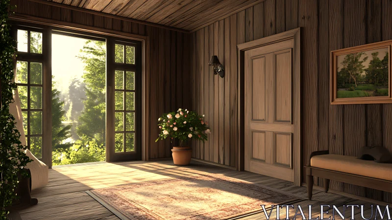 Sunlit rustic hallway with open doors to forest view.