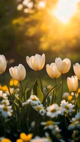 Cream Tulips Bathed in Golden Hour Sunlight.