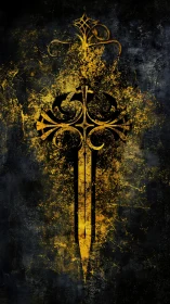 Elongated sword sigil with distressed gold grunge texture overlay