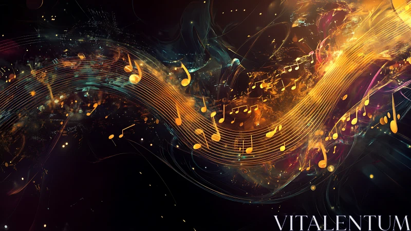 Glowing musical notes stream through abstract cosmic light.