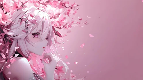 Ethereal anime girl immersed in drifting cherry blossoms.