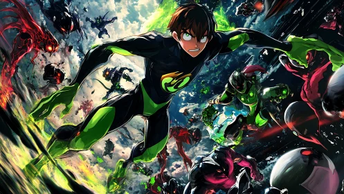 Neon-charged young hero storms a cosmic battlefield of foes.