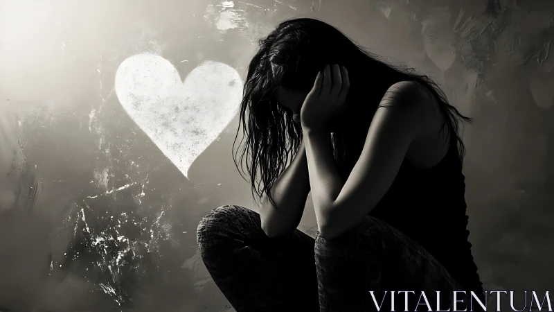 Monochrome portrait of distressed woman beside painted heart