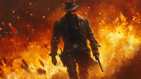 Ballistic frontier gunslinger emerging through incendiary vortex.