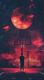 Midnight hoops beneath a glowing cosmic red moon.