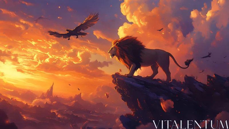 Majestic lion on sunset cliff with dramatic clouds and birds