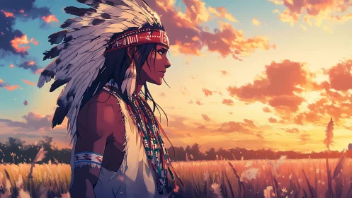 Indigenous figure in feathered headdress at sunset field.