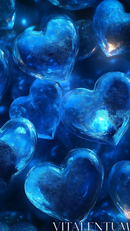 Luminescent Crystal Hearts in Deep Blue Digital Environment.