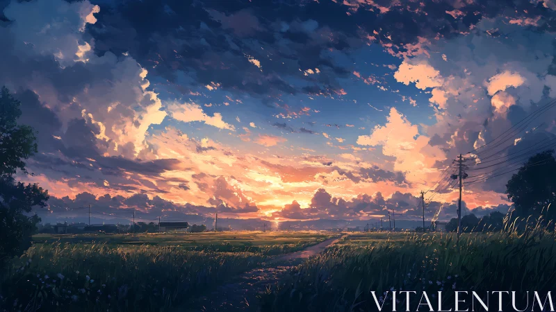 Road of rustling fields strolls straight into painted sunset