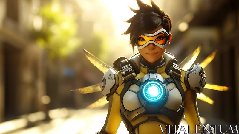 Chronometric exosuit heroine with luminous reactor core field.