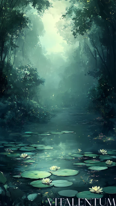 Mystic forest pond holds luminous lilies and drifting mist