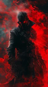Dark coated figure with red glowing eyes emerges in smoke